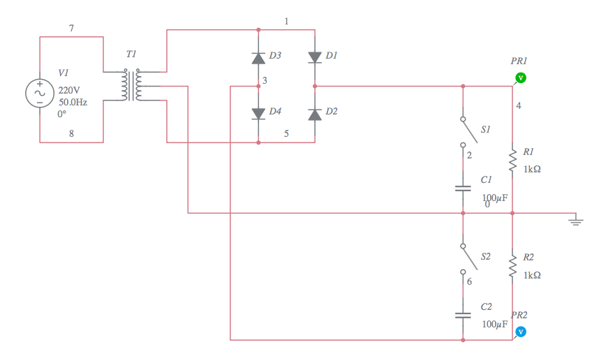 Rectificador onda completa Puente diodos - Fuente partida - Multisim Live