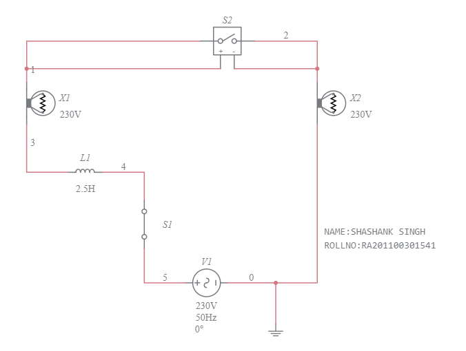 Experiment 7.a) Fluorescent Lamp Wiring - Multisim Live