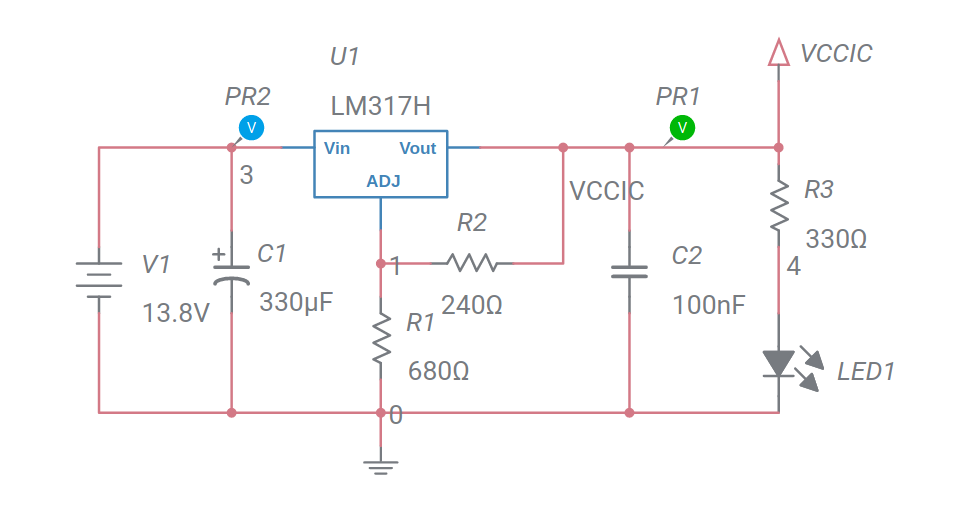 Circuito Padrão Regulador Tensão LM317 - Multisim Live