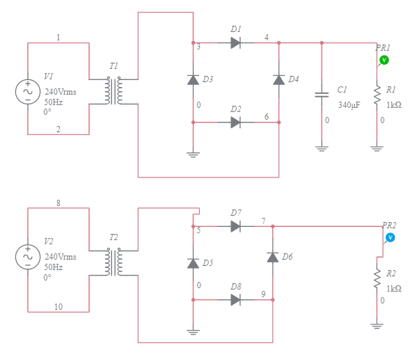 Bridge Full wave rectifier (PRACTICAL) - Multisim Live