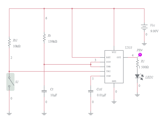 555 Timer Monostable Multivibrator 15 sec shot - Multisim Live