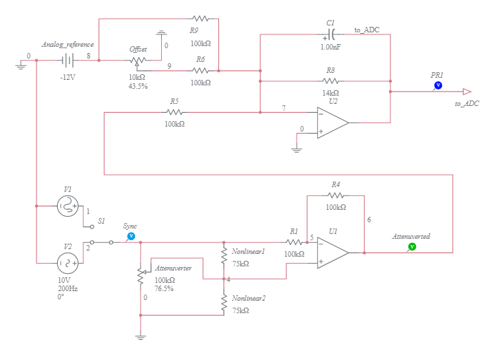 Buffered 10V Attenuverter to 5V ADC - Multisim Live