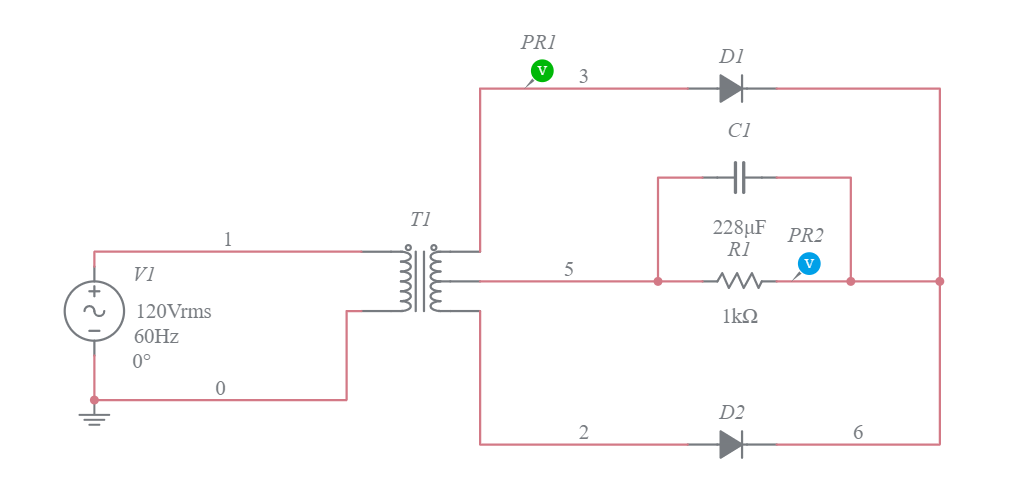 Copy of Center-Tapped Full-Wave Rectifier (w/ Filter) - Multisim Live