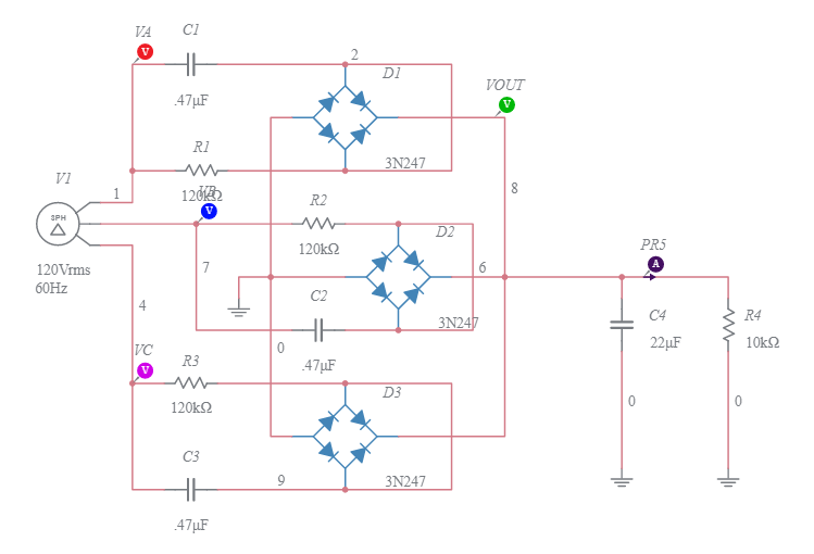 Three-phase rectifier with virtual ground - Multisim Live