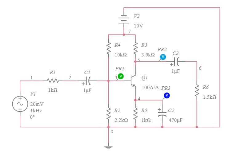 Amplificador Divisor de tensión y polarización de emisor - Multisim Live