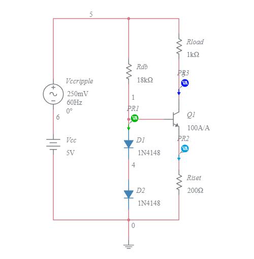 BJT, Diodes: 2Vd - Vbe Constant Current Source - Multisim Live