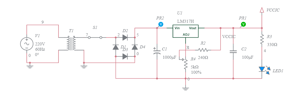 Circuito Padrão Regulador Tensão LM317 - Multisim Live