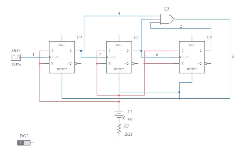 contador de 3 bits acincrono acendente modulo 7 - Multisim Live