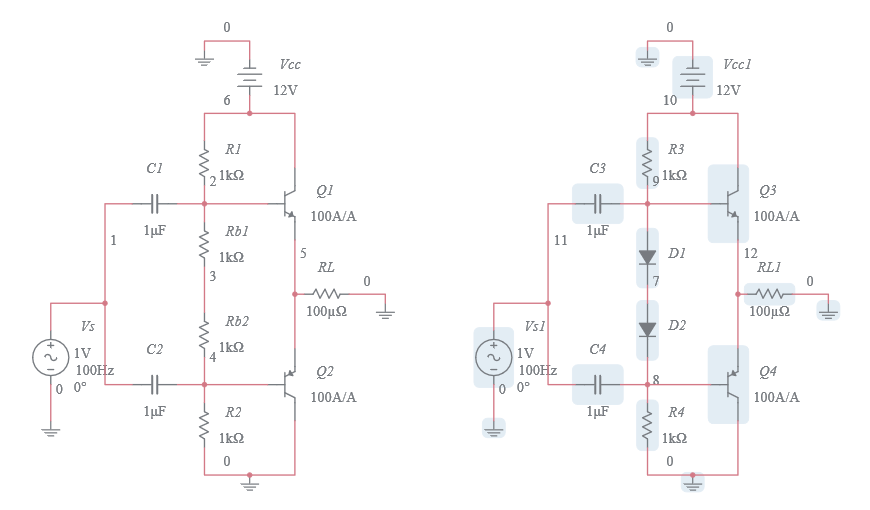 Copy of Class AB Amplifier (Diode Biasing) - Multisim Live