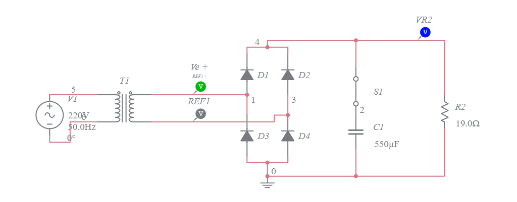 rectificador doble onda con condensador RTO - Multisim Live