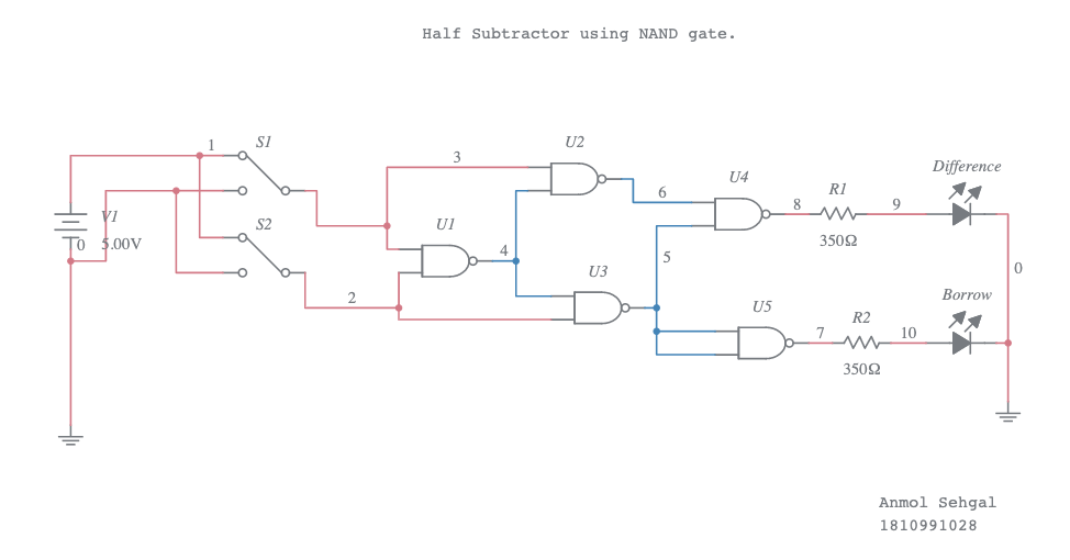 half subtractor using NAND gate - Multisim Live