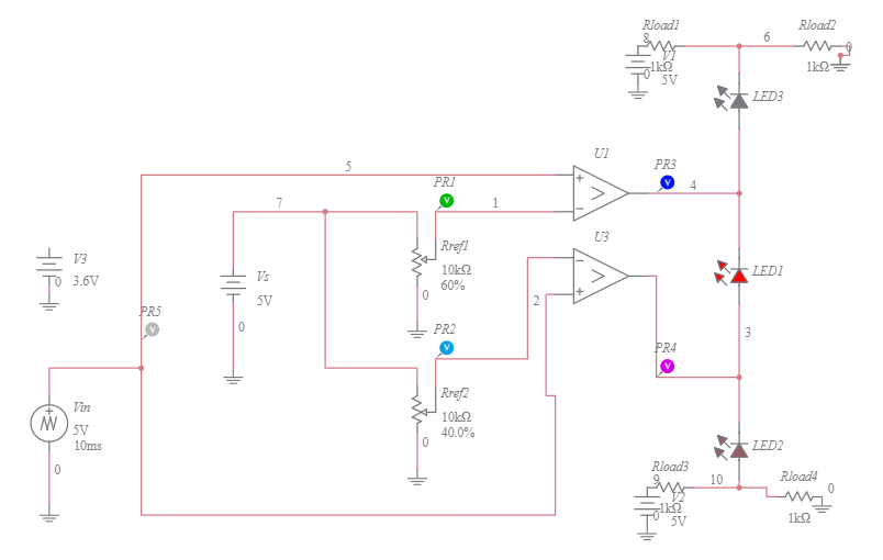 Window Comparator with led - Multisim Live