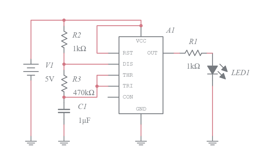 555 Timer Astable Flashing LED - Multisim Live