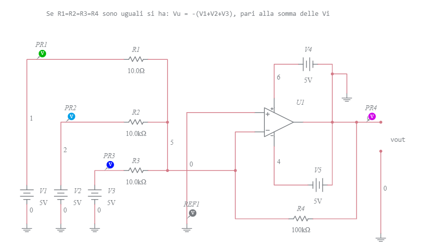 Amplificatore operazionale sommatore 3 in invertente R uguali-schematic ...