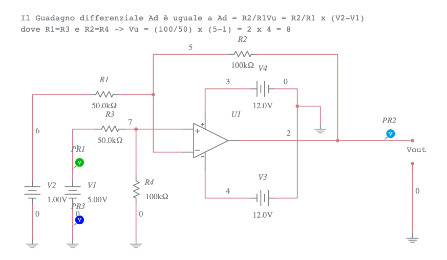 Amplificatore operazionale differenziale o sottrattore G=2 c.c ...