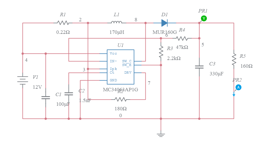 Step-up converter 12V to 28V x 175mA MC34063 - Multisim Live