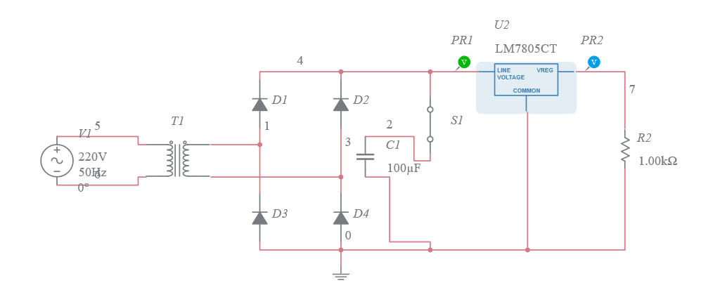Rectificador doble onda con condensador y regulador RTO - Multisim Live