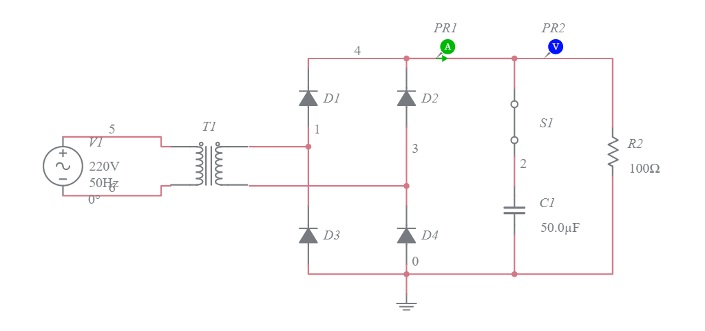 Rectificador doble onda con condensador RTO - Multisim Live