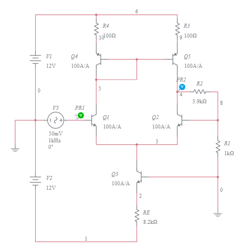 Differential amplifier using BJT Multisim Live