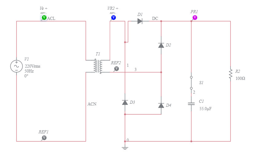 220Vrms Full-wave Rectifier with Transformer - Multisim Live