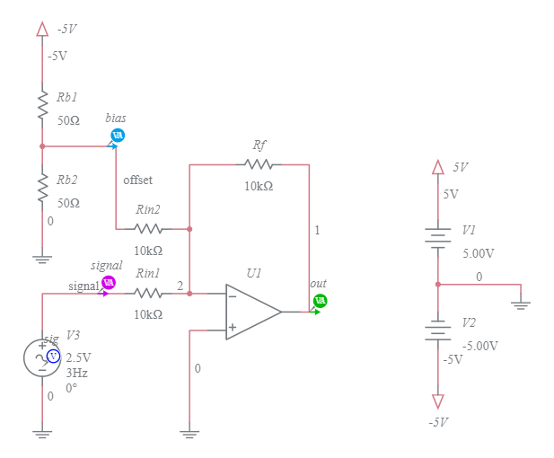 Non-Inverting Opamp Amplifier Voltage Sum - Multisim Live