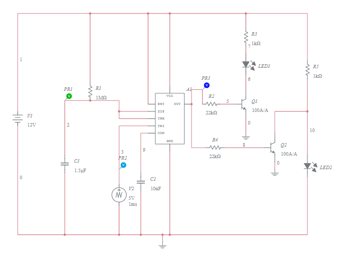 555 timer circuit probes - Multisim Live