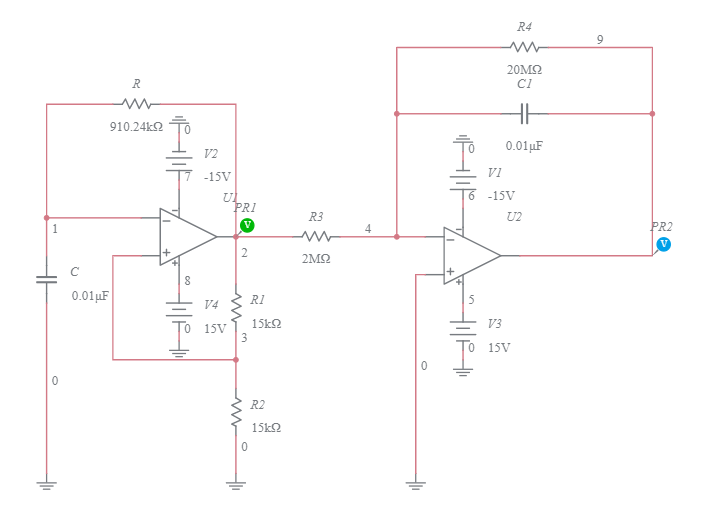 Triangular wave generator using op amp (Upp = 7 V, f = 50 Hz