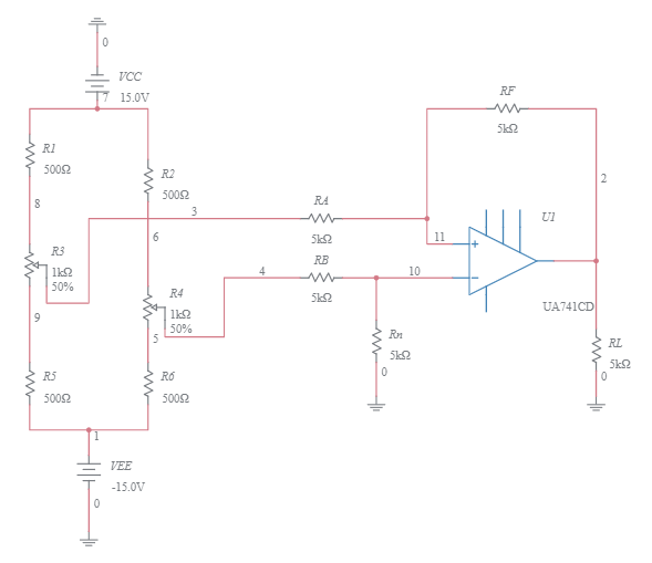 5.1-รูปที่9 วงจรออปแอมป์แบบ voltage-differential amplifier - Multisim Live