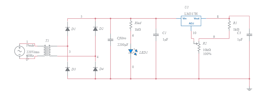 PROJETO - FONTE DE TENSÃO REGULADA VARIÁVEL COM LM317 - Multisim Live