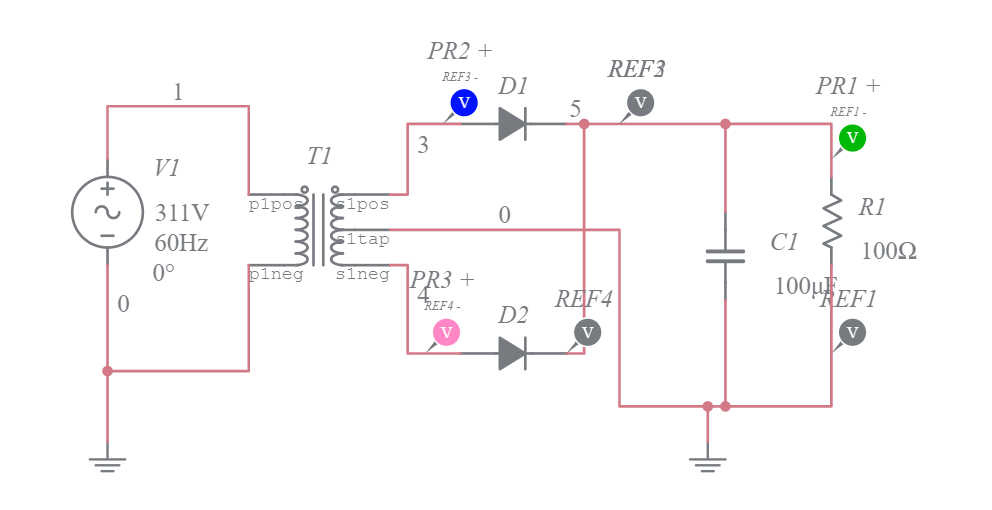 Retificador de onda completa com CT - Multisim Live