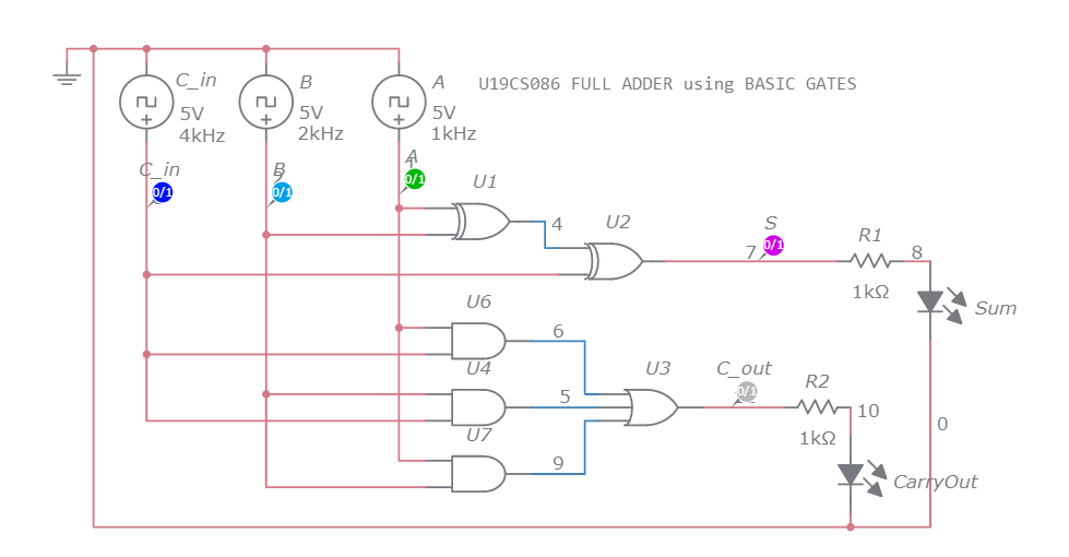 U19CS086 - Full Adder using Basic Gates - Multisim Live