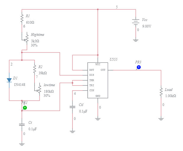 555 Timer Less-Than-50%-Duty-Cycle Astable Multivibrator - Multisim Live