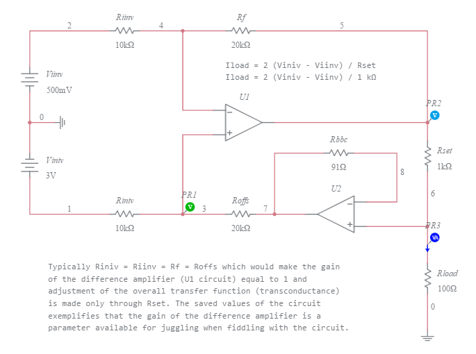 Op Amp Differential Voltage To Current Converter Grounded Load Voltage Fed Back As Offset