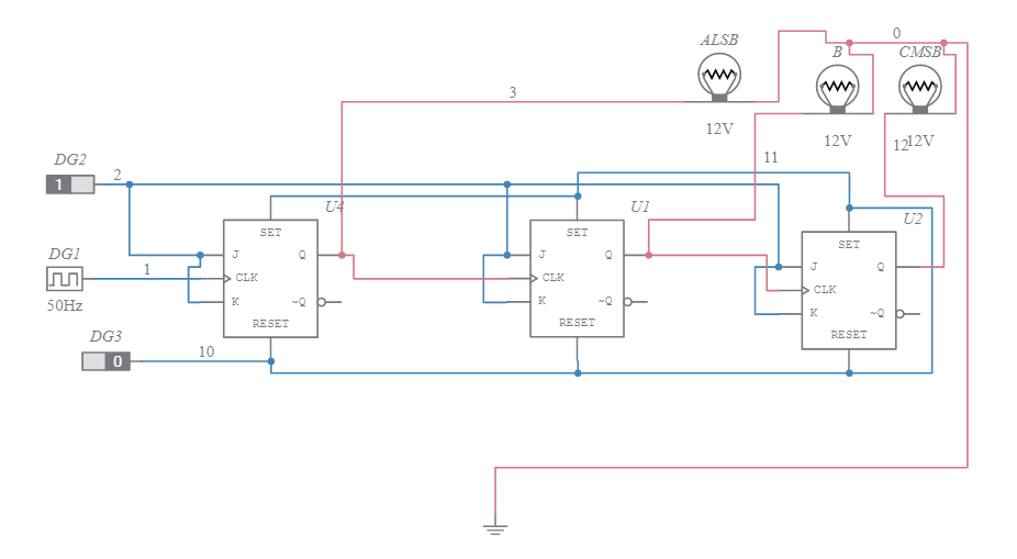 3 Bit down ripple counter - Multisim Live