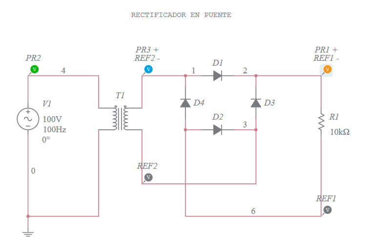 RECTIFICADOR DE ONDA COMPLETA CON TRANSFORMADOR - Multisim Live