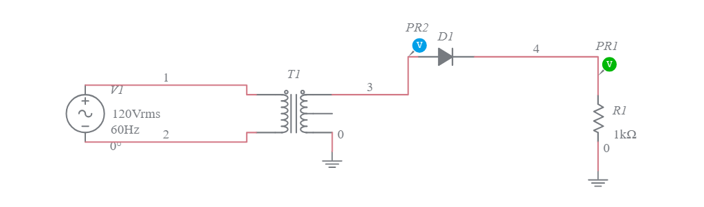 Transformador con 1 diodo Multisim Live