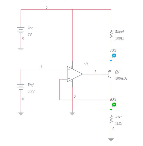 Op-Amp - PNP BJT Current Sink - Multisim Live