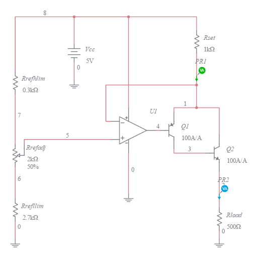 Op-Amp - PNP-NPN BJT Feedback Pair Current Source - Multisim Live