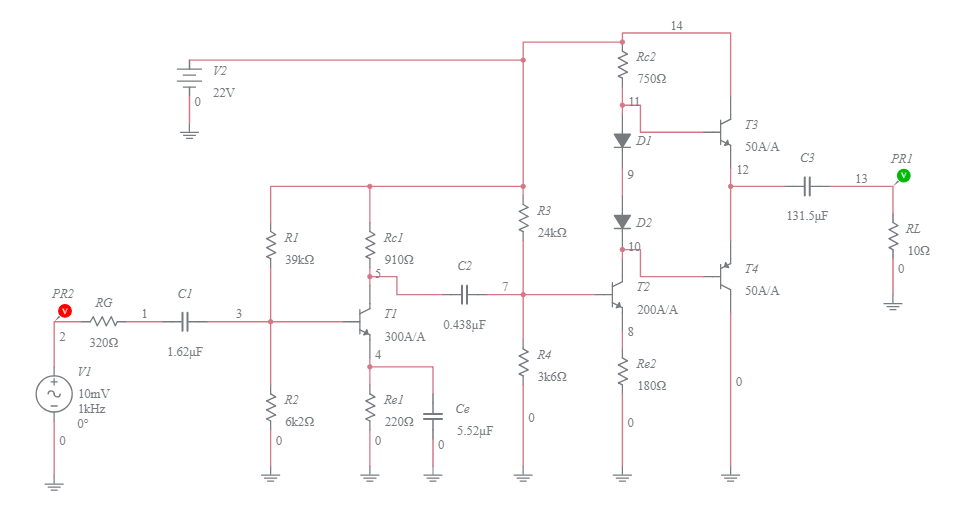 Amplificador de audio (professor) - Multisim Live